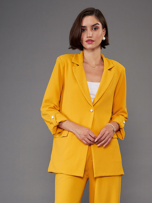 Buy Notch Collar Single Button Longline Blazer Mustard For Women Styli Saudi
