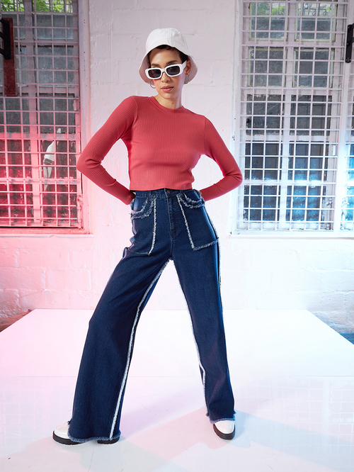 Buy High Rise Fringe Detail Straight Fit Jeans Blue For Women Styli Bahrain
