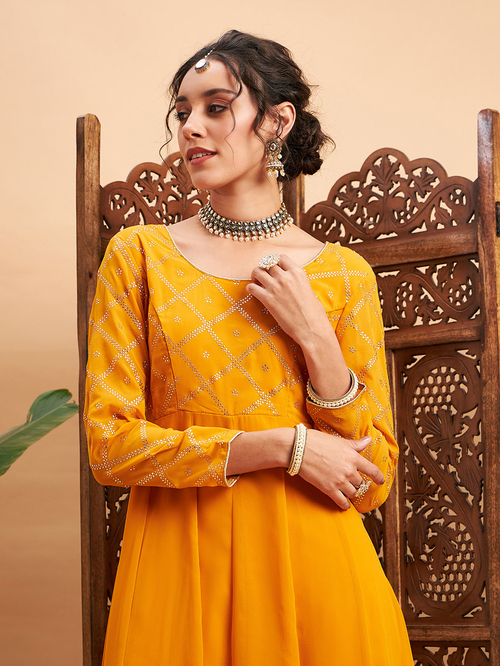 Buy Embellished Anarkali Maxi Kurta Mustard For Women Styli Saudi