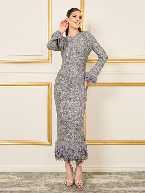 Buy Faux Fur Trim Textured Glitter Bodycon Maxi Dress Silver For Women Styli Saudi