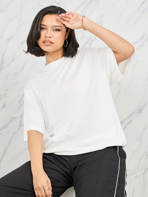 Buy Oversized Solid Longline T Shirt White For Women Styli UAE