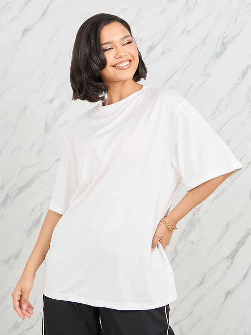 Buy Oversized Solid Longline T Shirt White For Women Styli UAE