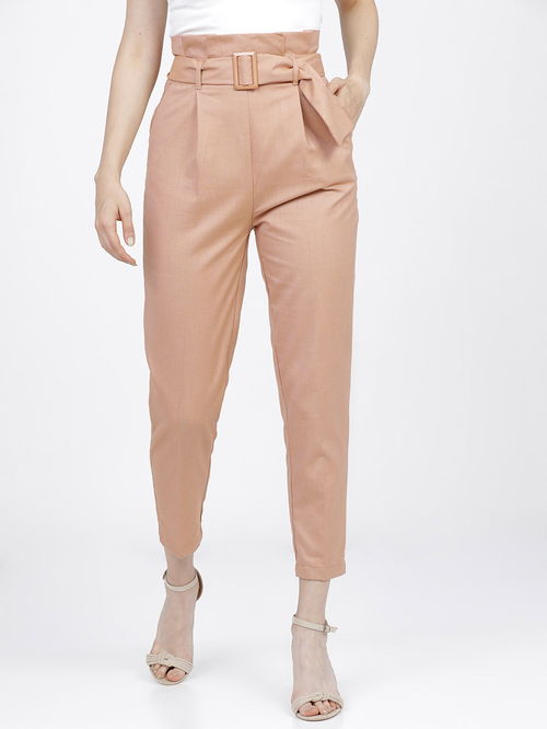 Buy High Rise Belted Paper Bag Waist Tapered Trousers Peach For Women Styli UAE