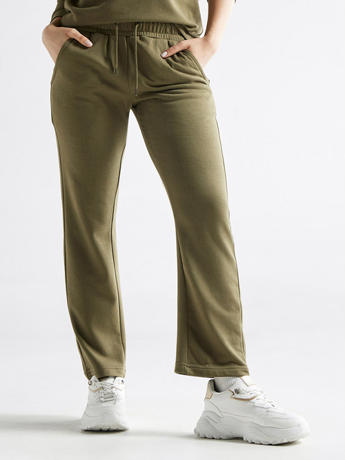 Buy Back Pocket Slogan Print Track Pants Green For Women Styli UAE