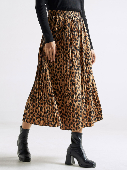 Ladies animal print pleated midi skirt cheap