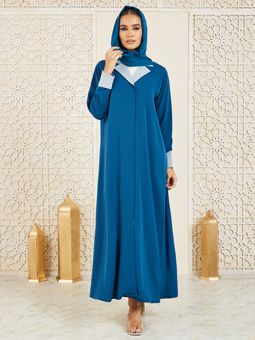 Buy Contrast Cuff Collared Coat Style Abaya Blue For Women Styli UAE