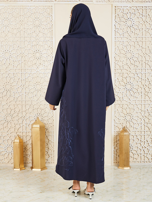 Buy Floral Thread Embroidered Open Front Abaya Navy Blue For Women Styli UAE