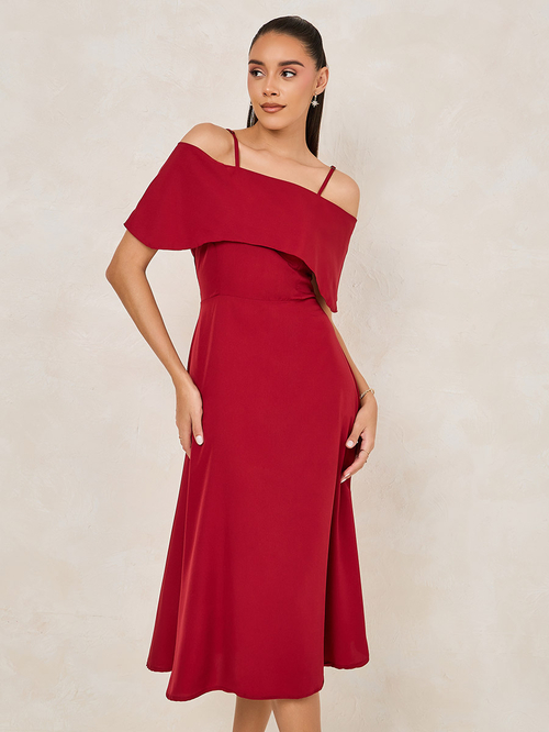 Buy Solid Cold Shoulder Sleeves Flare A Line Midi Dress Maroon For Women Styli Saudi