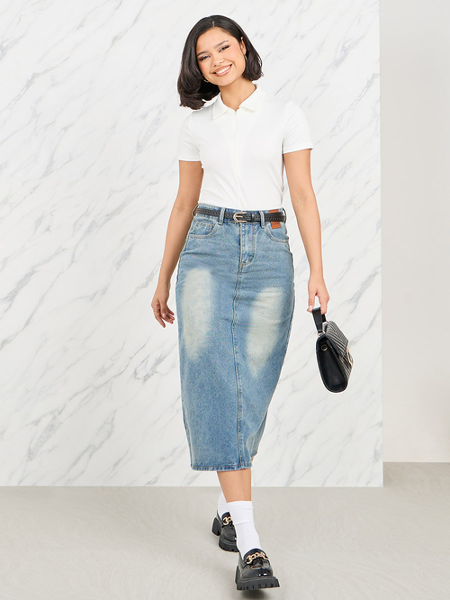 Denim skirt pencil cut top