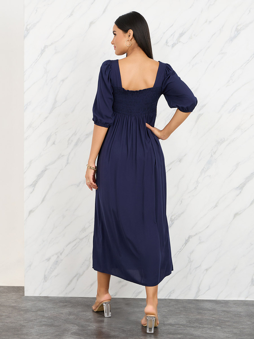 Buy Embroidered Pleated A Line Midi Dress Navy Blue For Women Styli Saudi