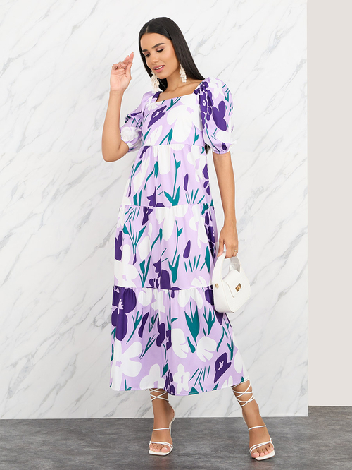 Square collar printed puff sleeve midi dress cheap