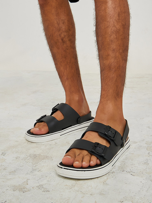 Buy Buckle Double Strap Sandal with Back Strap Black For Men Styli UAE