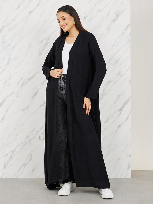 Buy Textured Fitted Sleeves Open Front Abaya Black For Women Styli UAE