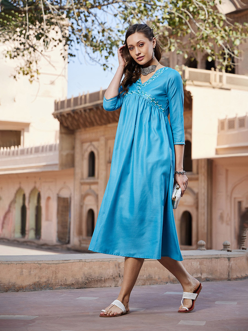 Buy Embroidered A Line Kurta Midi Dress Teal For Women Styli Saudi