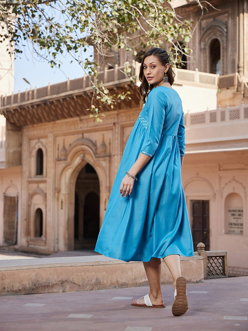Buy Embroidered A Line Kurta Midi Dress Teal For Women Styli UAE