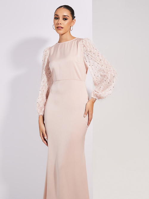 Buy Satin Embellished Sleeves Round Neck Maxi Dress Light Pink For Women Styli UAE