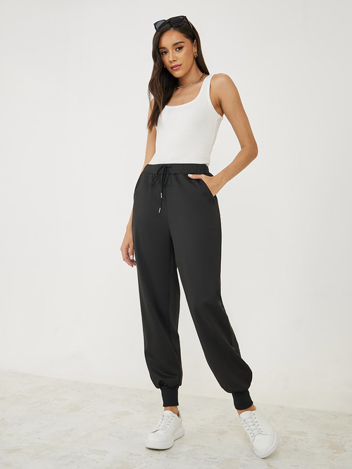 Buy Cuffed Tapered Ankle Length Joggers with Drawstring Black For Women Styli UAE