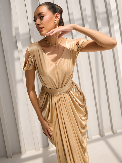 Draped cold shoulder dress best sale