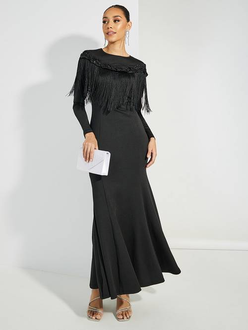 Buy Embellished Long Sleeves Mermaid Maxi Dress with Tassels Black For Women Styli Saudi