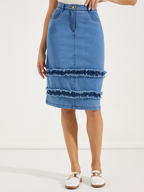 Buy Ruffle Detail Straight Hem Denim Skirt Blue For Women Styli UAE