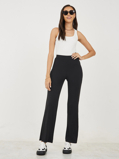 Buy Knitted Straight Leg Pants with Side Zip Detail Black For Women Styli Kuwait