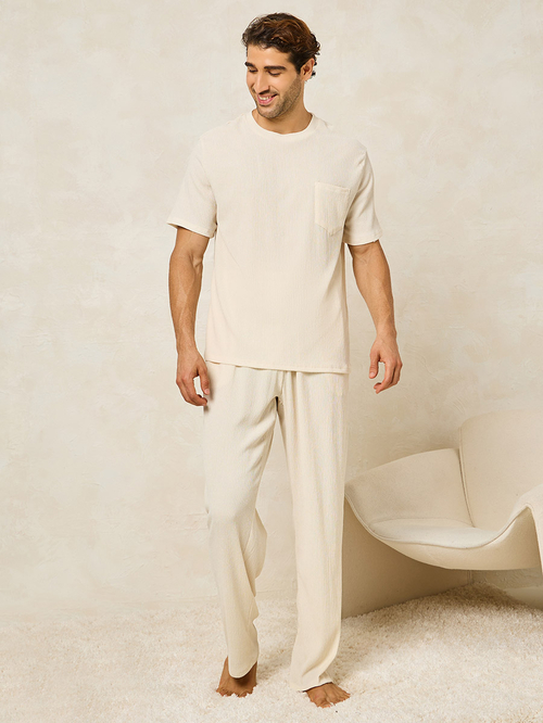 Buy Textured Crew Neck T Shirt Straight Pyjama Set Beige For Men Styli Saudi