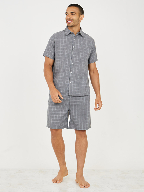 Buy Checkered Shirt Shorts Sleep Set Grey For Men Styli UAE