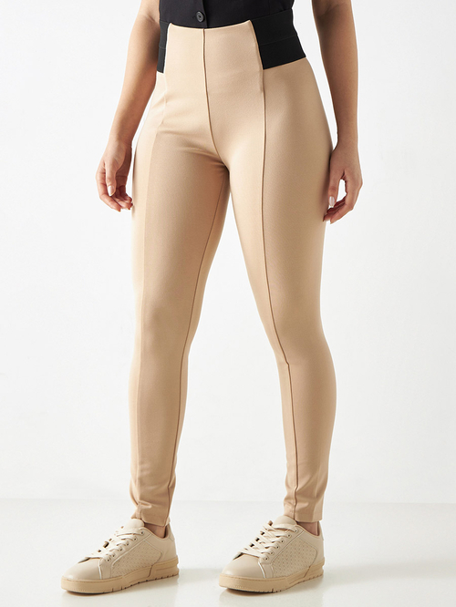 Buy Pintuck Treggings with Contrast Elasticated Waist Detail Beige For Women Styli UAE