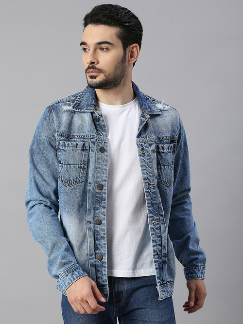 Buy Light Distressed Mid Wash Denim Jacket with Pockets Blue For Men Styli Saudi