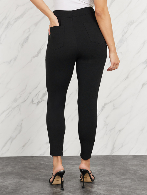 Buy Lace Hem Back Pocket Leggings Black For Women Styli Saudi