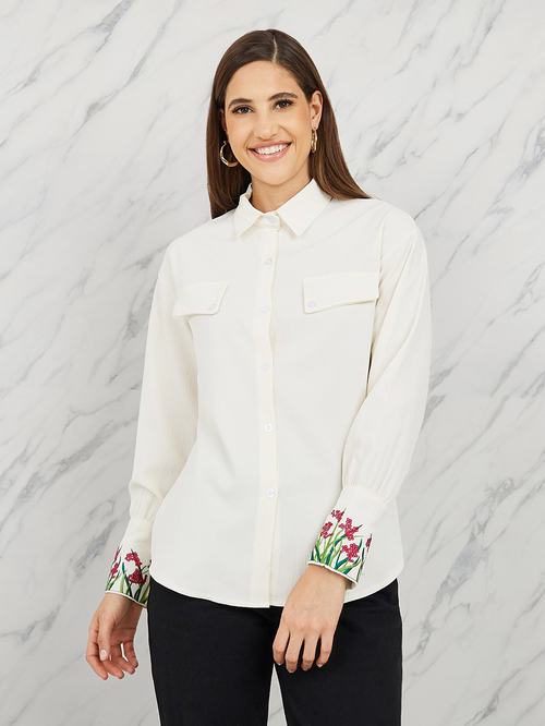 Buy Floral Embroidered Cuff Sleeves Flap Pocket Shirt White For Women Styli Kuwait