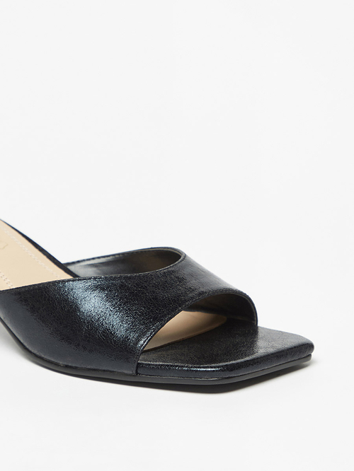 Buy Solid Slip On Kitten Heel Sandals Black For Women Styli Bahrain