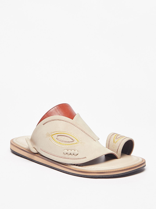 Buy Embroidered Slip On Arabic Sandals Cream For Men Styli UAE