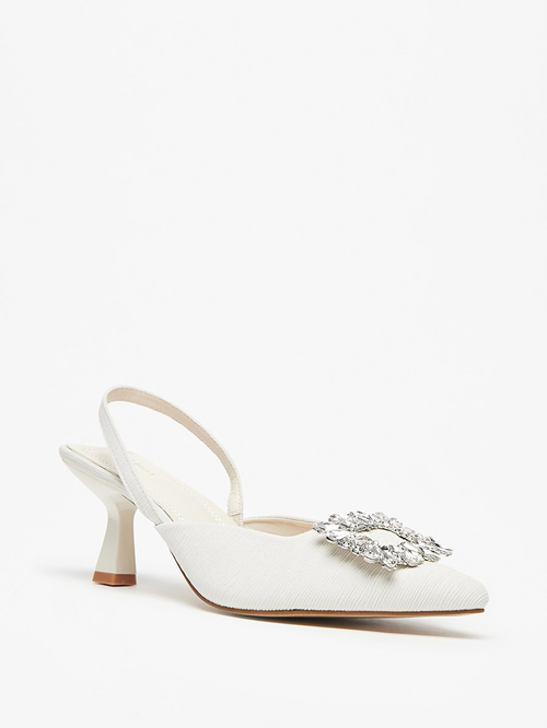 Buy Embellished Trim Slingback Kitten Heel Pumps Beige For Women Styli UAE