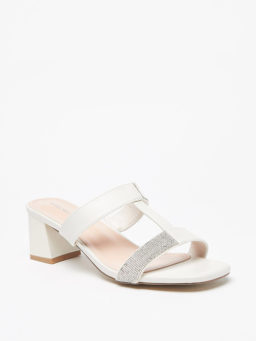 Buy Embellished Strappy Slip On Block Heel Sandals Cream For Women Styli UAE