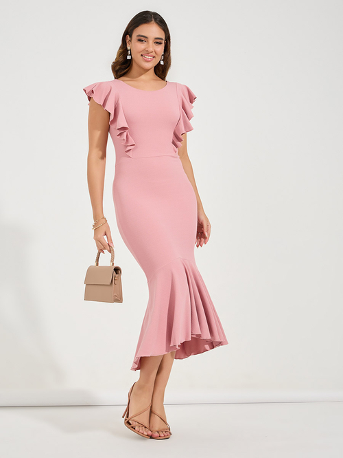 Buy Ruffled Mermaid Hem Bodycon Midi Dress Peach For Women Styli Saudi