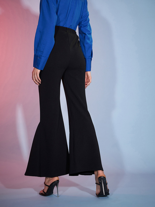 Buy High Rise Pleat Detail Bell Bottom Pants Black For Women Styli Kuwait