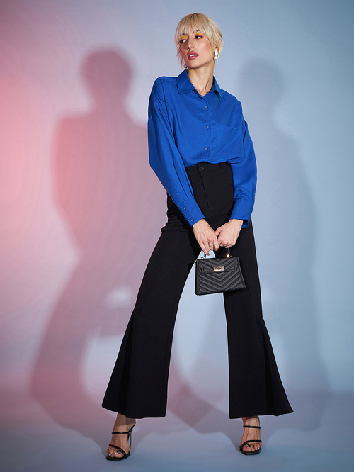 Buy High Rise Pleat Detail Bell Bottom Pants Black For Women Styli Kuwait
