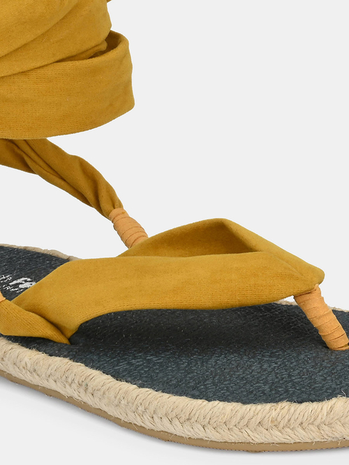Yellow lace up flat sandals on sale