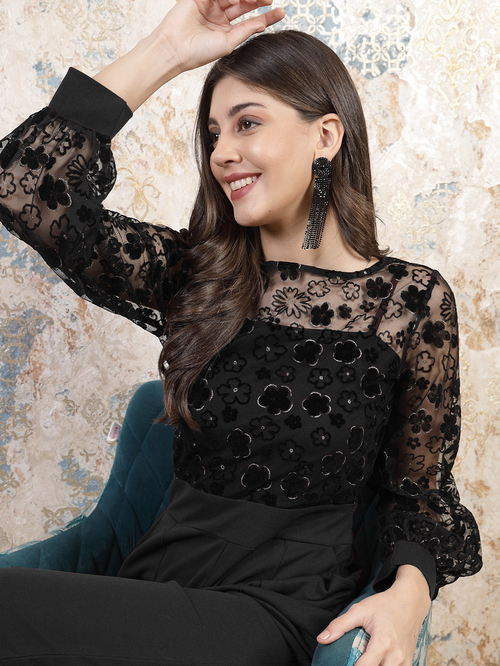 Buy Floral Embroidered Sheer Top Wide Leg Jumpsuit Black For Women Styli Saudi