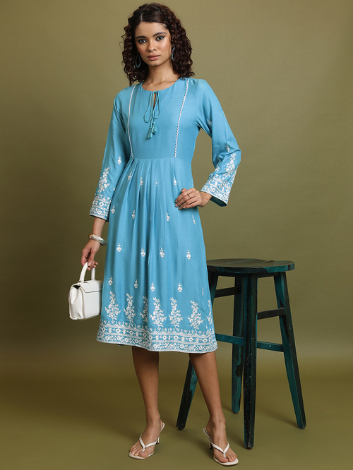 Buy Floral Embroidered Midi Dress with Tie Up Neck Blue For Women Styli UAE
