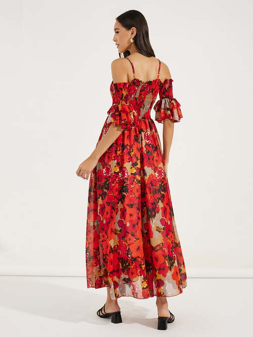 Buy Floral Print Cold Shoulder Sleeves Maxi Dress Red For Women Styli Saudi