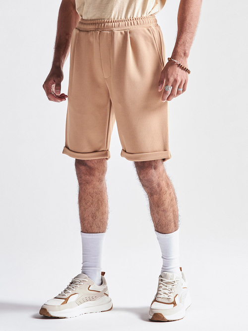 Buy Textured Roll Up Shorts with Elasticated Waistband Beige For Men Styli Kuwait