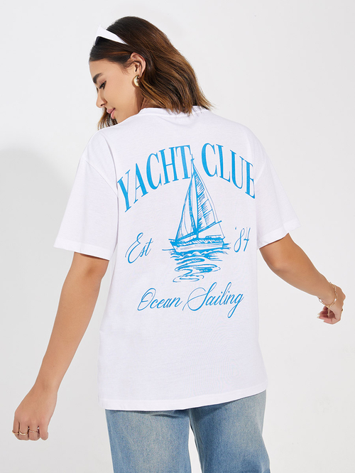Buy Oversized Yacht Club Graphic Short Sleeves T Shirt White For Women Styli UAE