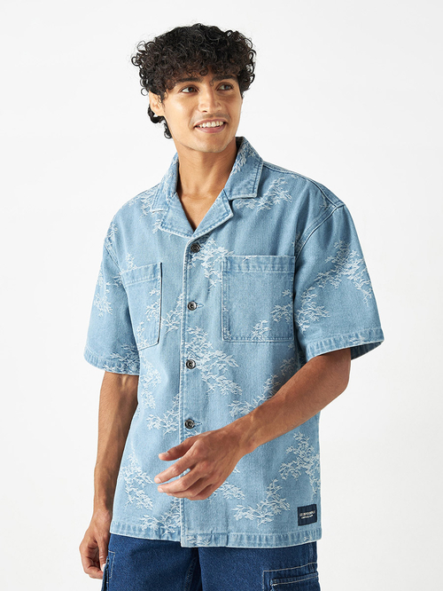 Buy Thread Embroidery Denim Shirt with Short Sleeves Blue For Men Styli Saudi