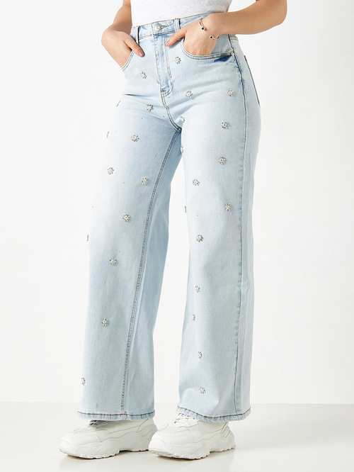 Buy All Over Embellished Wide Leg Jeans with Pockets Blue For Women | Styli  Saudi