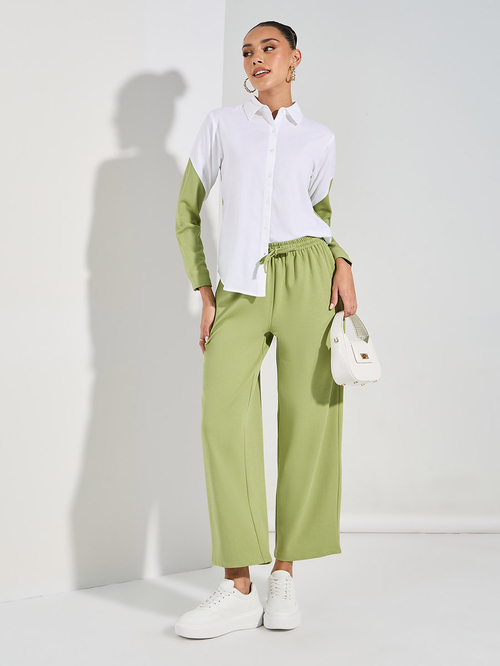 Buy Color Block Shirt Wide Leg Pants Green For Women Styli Saudi