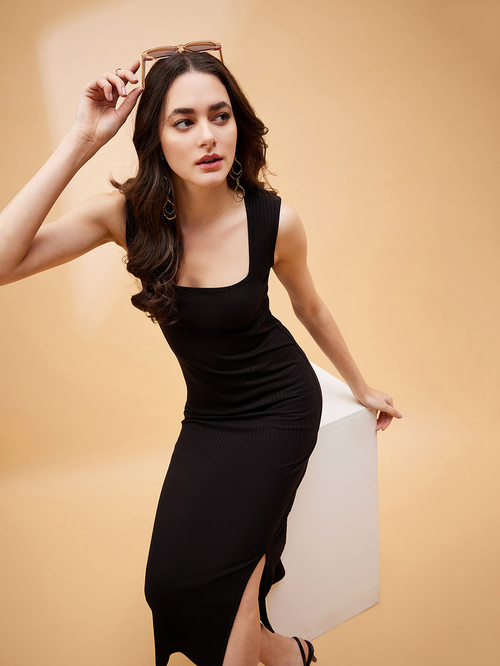 Buy Ribbed Bodycon Midi Dress with Side Slit Black For Women Styli Saudi