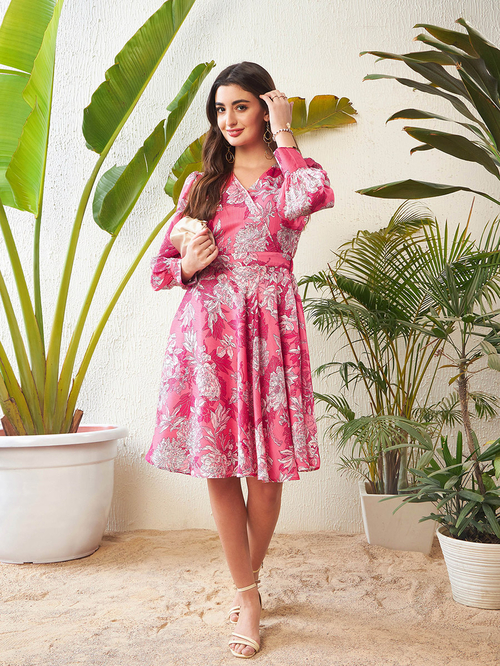 Pink floral knee length dress clearance