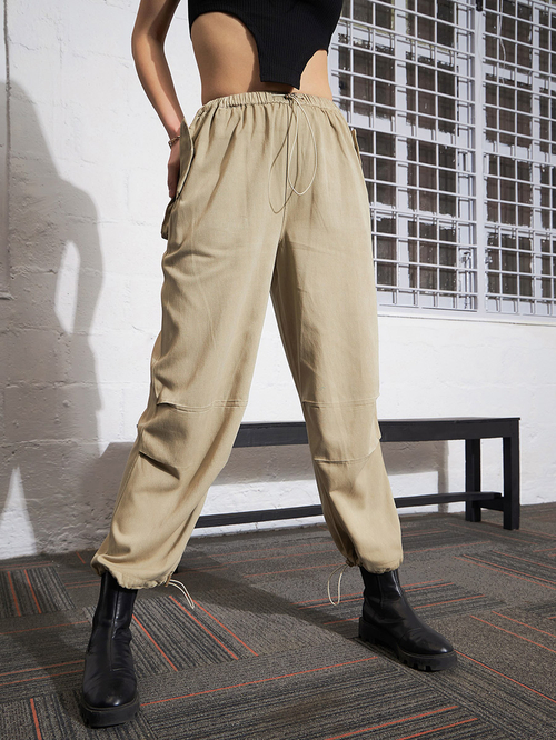 Buy Pleated Knee Twill Cargo Jogger Beige For Women Styli UAE